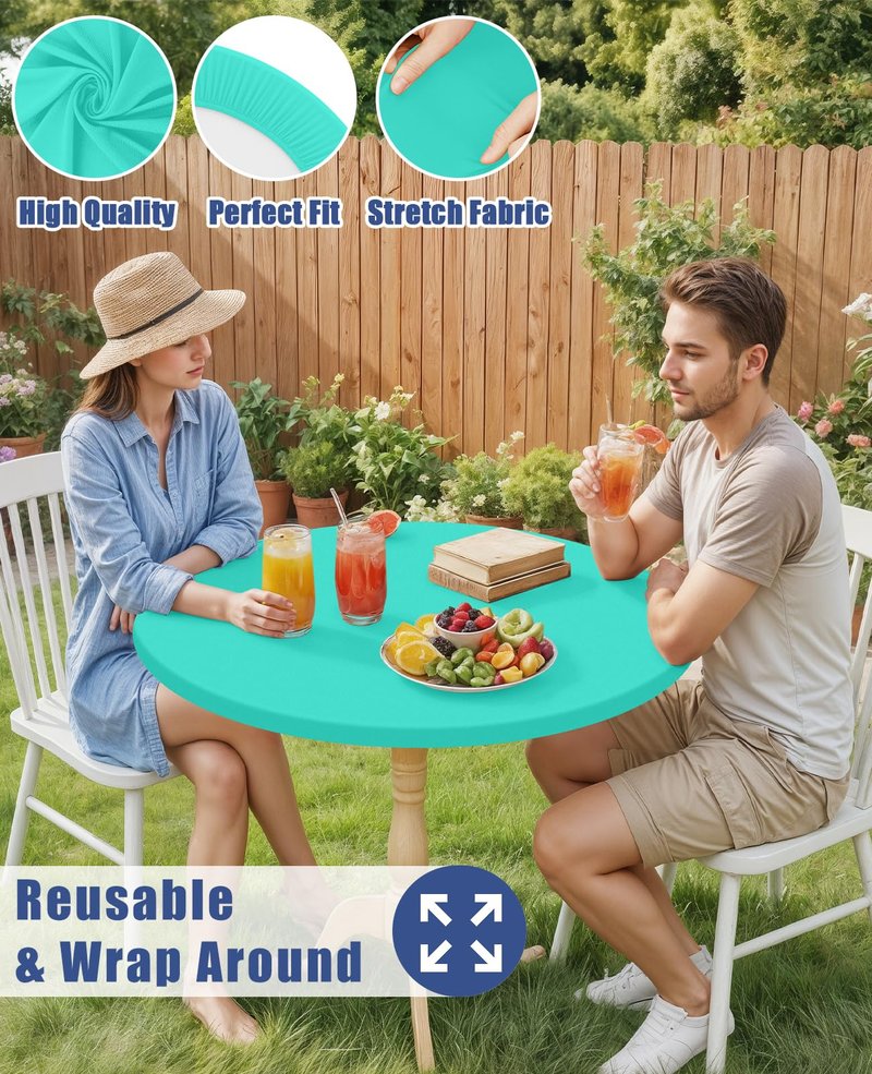 Moosfor Round Spandex Tablecloth, Elastic Fitted Waterproof Tablecloths for 31"-35" Tables, Stretch Washable Picnic Table Cover for Camping, Dining, Indoor and Outdoor,Aqua Blue