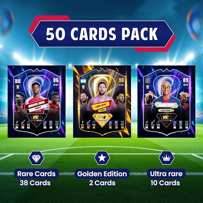 Soccer Trading Cards 2025–2026 | 50 Playing Cards Collection | Look for 10 Ultra Rare &amp 2 Golden Edition Cards | Random Premium Soccer Cards | Value Pack