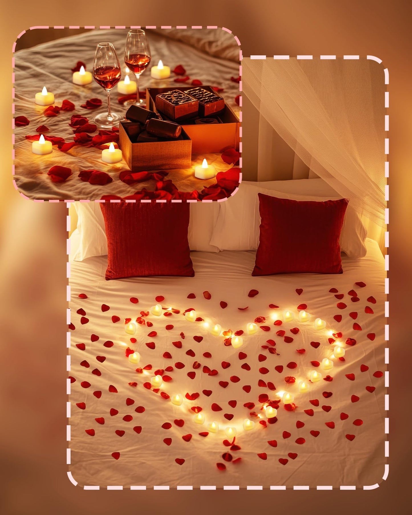 Homemory Rose Petals and Candles Set for Romantic Decorations Special Night, 2000 Pcs Red Rose Petals with 24 Pcs LED Heart Candles Lights for Proposal, Anniversary, Birthday, Wedding Decor