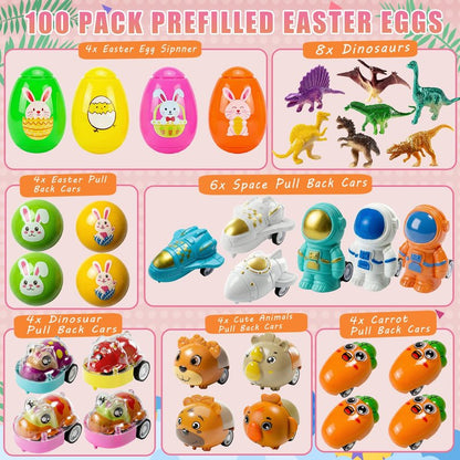 SQZUWIT 100 Pcs Prefilled Easter Eggs Filled with Toys Inside for Kids Boys Girls Pre-filled Easter Hunt Basket Stuffers Essentials Fillers Party Favors Classroom Prize Supplies