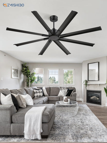 ZMISHIBO 72 Inch No Light, Large Industrial Ceiling Fan with 8 Aluminium Blades, Quiet DC Motor, 6 Speeds, Modern Ceiling Fan without Light for Garage/shop/living room,Black