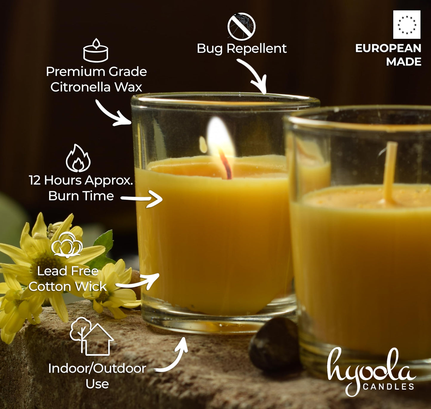 Hyoola Citronella Candle Votives in Glass Cup, Indoor and Outdoor Decorative and Mosquito, Insect and Bug Repellent Candle, Natural Fresh Scent, 12 Hour Burn Time, Made in Europe (Pack of 12)
