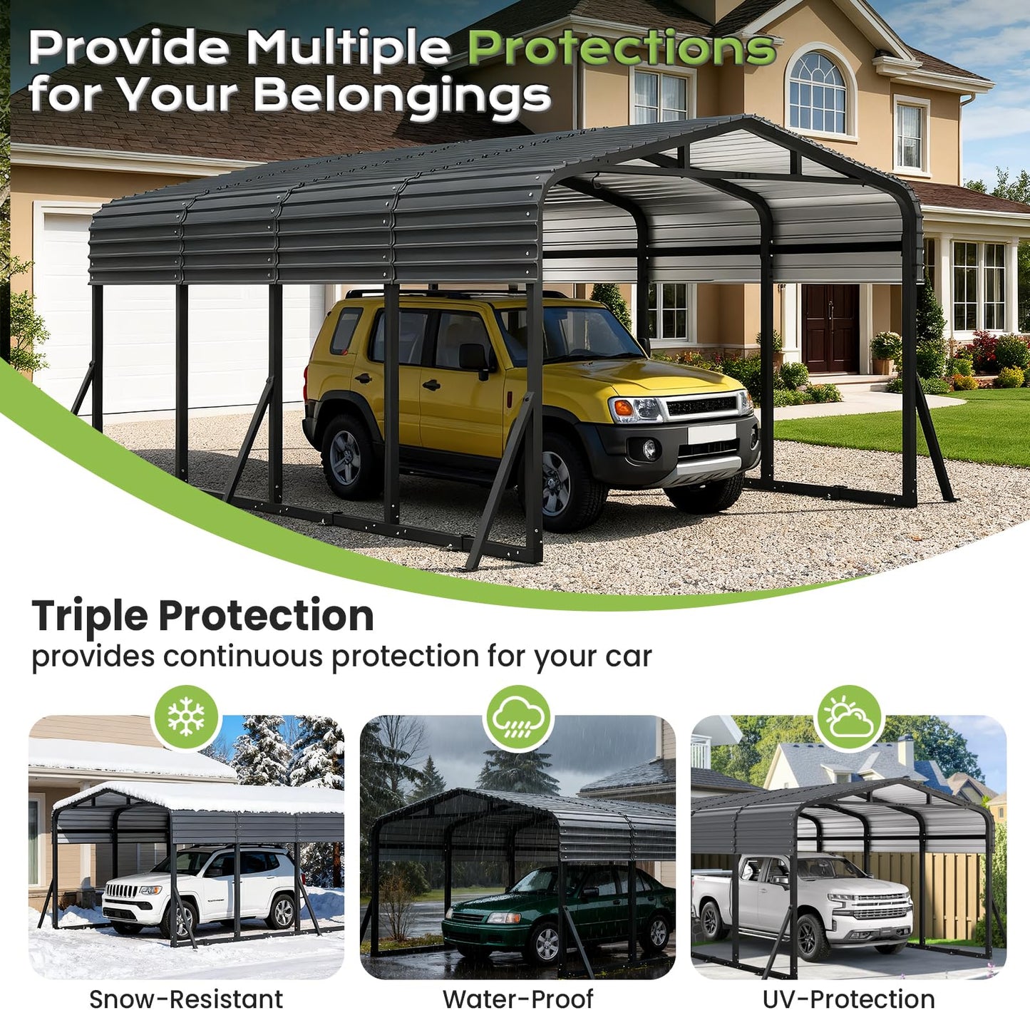 Jocoevol 12x20FT Metal Carport, Heavy Duty Car Garage w/Reinforced Support Rods and Windproof Ground Anchors, All-Weather Multi-Use Outdoor Shelter for Car, Boats and Truck