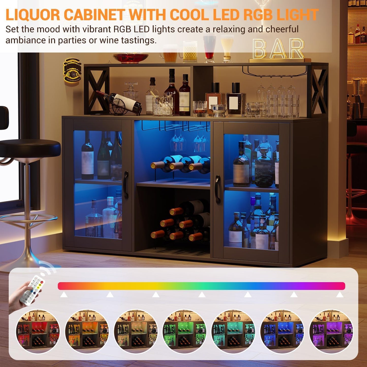 BouPower 47" Wine Cabinet with LED Light, Home Coffee Cabinet with Wine Rack and Glass Holder, Coffee Bar Buffet Sideboard Storage with Power Outlets, for Living Room, Dining Room, Black