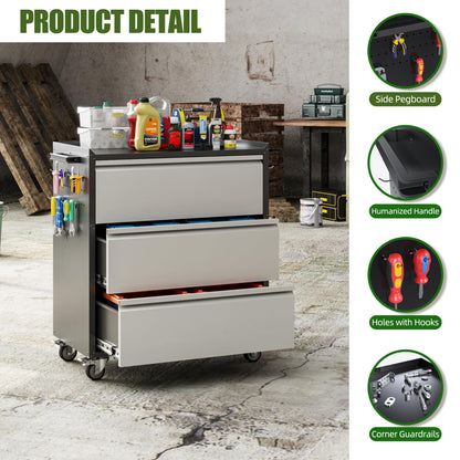 Aobabo Metal Rolling Tool Storage Cabinet with Drawers, Side Pegboards, Left Handle, Lockable Casters, Garage Workshop Utility Cart, 18.11 D x 30.3 W x 35.4 H Inches,Assembly Required