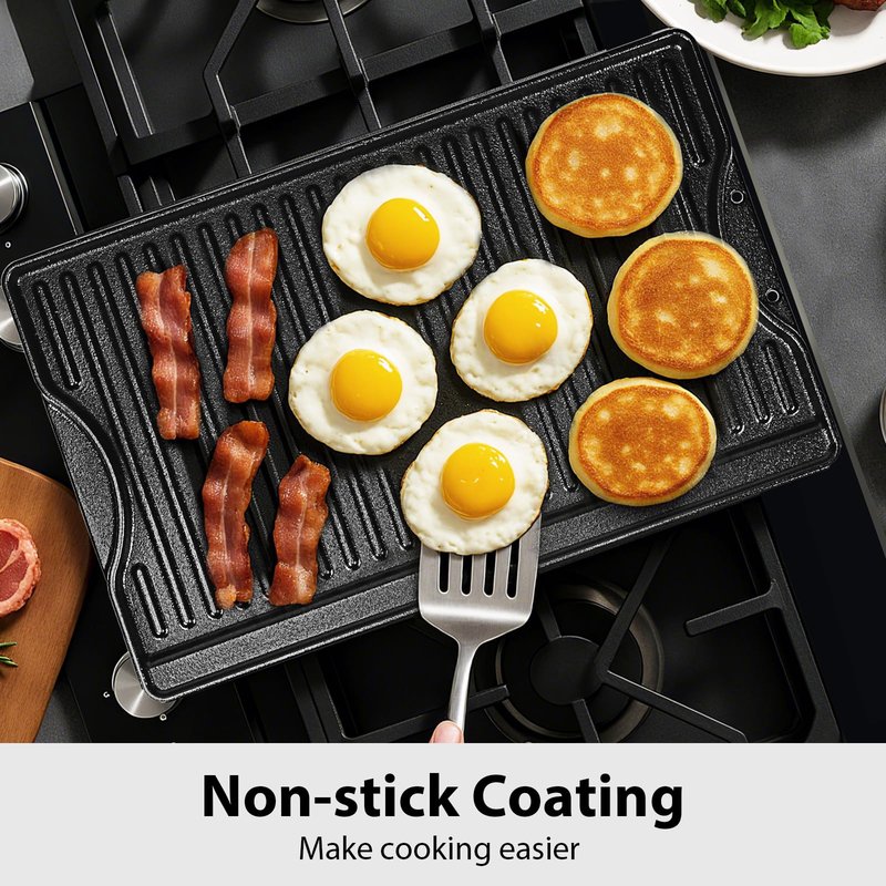Utheer Nonstick Reversible Cast Iron Griddle 16.5" x 10.5", Ceramic Cooking Surface, Flat & Ribbed Sides, with High Sides & Grease Trap, Stovetop Griddle for Gas Grill, Charcoal, Oven & Outdoor BBQ