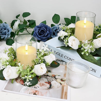 Tobilu 12 PCS Artificial Roses Rings - 3 Inch Roses Flower Wreaths with LED Candles Eucalyptus Pillar Holder Wreath for Wedding Table Centerpiece Home Decorations, White, 6 Sets