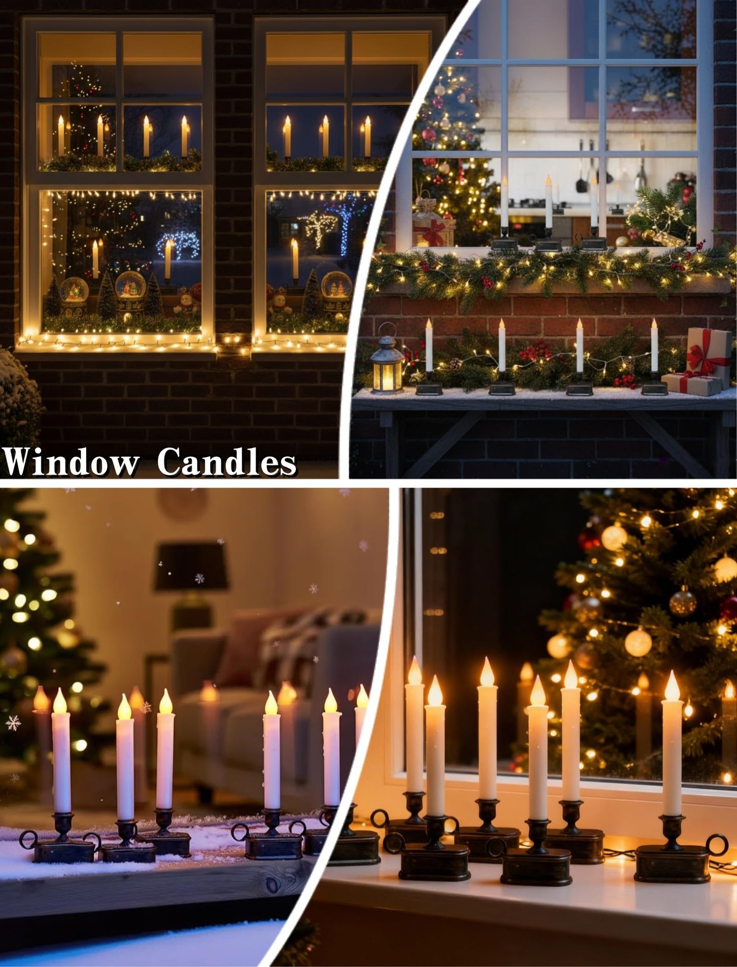 4 Pcs Christmas Window Candles with LED Electric Candles Flickering Lights, 10 Inch Battery Operated Candle with Sensor Dusk to Dawn for Table Party Christmas Decoration,Bronze Base