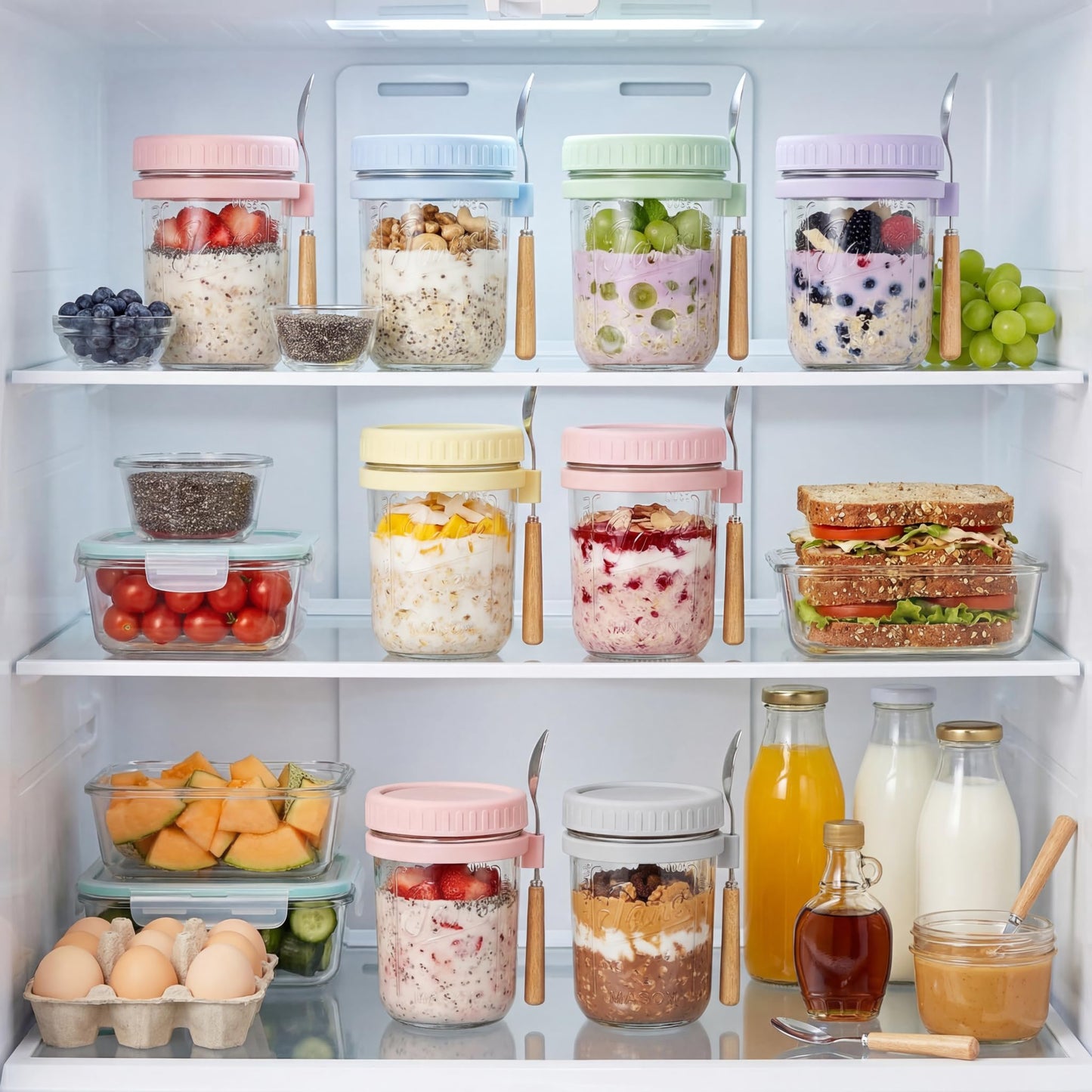 HomArtist 16oz Overnight Oats Containers with Lids and Spoons, 4 Pack Wide Mouth Mason Jars with Airtight Lids, Overnight Oats Jars for Salad, Chia Seed, Cereal, Yogurt