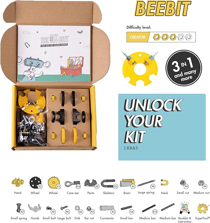 The Off Bits Erector Set: Animal Mini STEM Toys for Kids 6+ Toy Building Sets with Nuts &amp Bolts STEM Building Toys Gifts for Boys and Girls (Yellow Bee)
