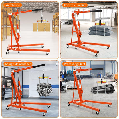 2 Ton Folding Hydraulic Engine Hoist with Load Leveler 4400 LBS Capacity Heavy Duty Cherry Picker 6 Swivel Wheels&Hydraulic Pump Adjustable Boom (0.5T-2T) for Garage Workshop Warehouse Orange