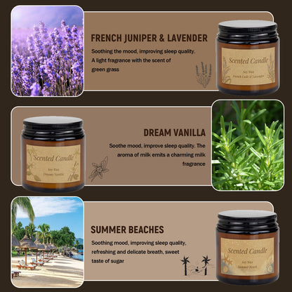 3 Packs Scented Candles, Soy Wax Aromatherapy Candles Set, 3.5oz Each, Natural Wax Candles for Home, Bedroom, Bathroom, for Women & Men Ideal Gift for Birthdays (Vanilla, Lavender, Summer Beaches)