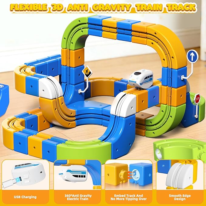 Electric Train Set for Kids 4 5 6 7 8 225PCS(80 Tracks +2Trains) 3D Infinity Flexible Anti-Gravity Race Track STEM DIY Railroad Building Toy Birthday Gifts for Boys &amp Girls Ages 3 4 5 6 7 8