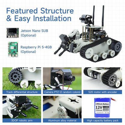 Yahboom Raspberry Pi 5 Robot Track Tank Car Kit with Robotic Arm Artificial Intelligence Learning Electronic Programming for Teens Adults (Transbot-SE with Pi 5 4G)