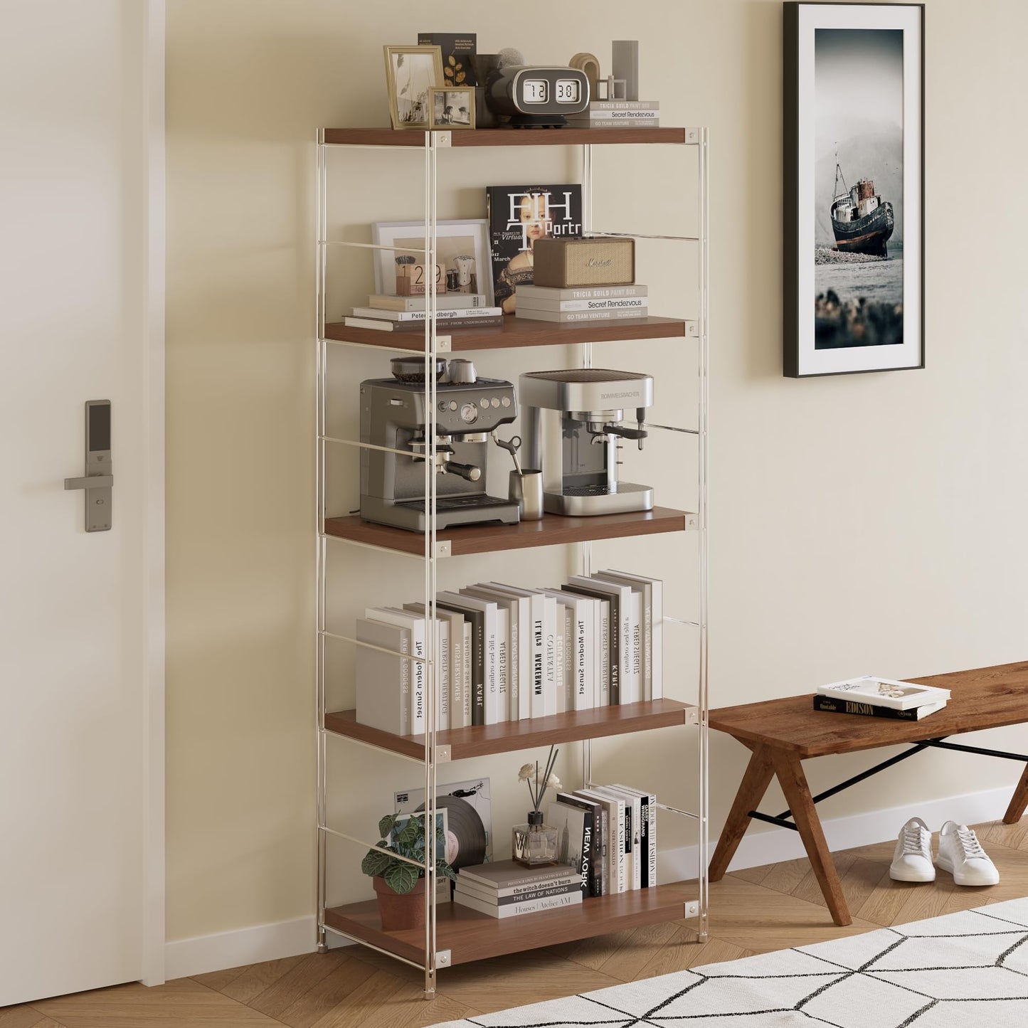Achene 5-Tier Industrial Bookshelf, Storage Bookcase for Living Room, Bedroom, Home Office, Study Room, and Kitchen, 15.75"x27.56"x66.93" Inches (Walnut, 5T28IN)