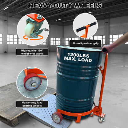 55 Gallon Drum Dolly Heavy Duty, 1200 lbs Capacity Barrel Cart with Adjustable Handle & Locking Caster, Low Profile Steel Drum Truck for Industrial, Warehouse, Workshop Use-Orange
