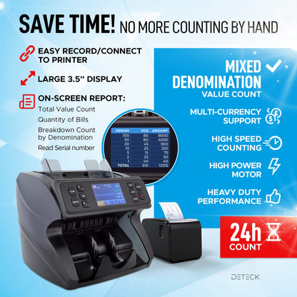DETECK DETECK DT600 Bank Grade Money Counter Machine Mixed Denomination, Multi Currency Value Counting Money Machine, Serial Number, 2CIS/UV/IR/MG/MT Counterfeit Detection with DT50P Printer