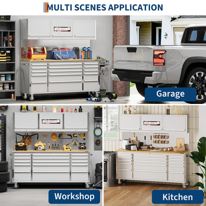 Garvee 72-Inch Heavy-Duty Rolling Tool Chest & Mobile Workbench with 9 Drawers & 3 Top Cabinet, Rubber Wood Tabletop, Key Locking System, Drawer Liners & Wheels, Steel Storage Cabinet for Garage