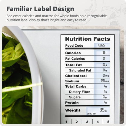 Greater Goods Food Scale with Nutrition Calculator, Non Connected Calorie Scale for Meal Prep, Weight Loss, 2000 Pre-Loaded Food Codes, Compact Kitchen Scale, Battery Operated, 11lb Capacity, Silver