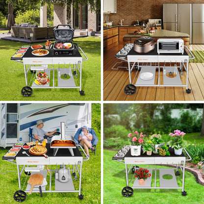 GRILL FORCE 50"x 25" Pizza Oven Table,Outdoor Pizza Cart with Topping Station Grill Table Stand with Wheels for Ninja, Blackstone Griddle, Ooni, Gozney, Cuisinart.