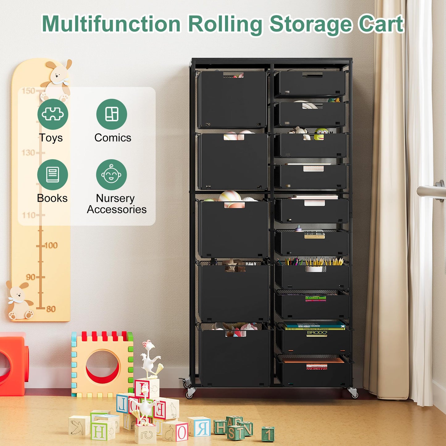 EasyPAG Rolling Storage Cart With 15 Drawers, Metal Craft Organizers And Storage Cart With Wood Tabletop, 30 Lbs Capacity Per Drawer For Home Office Classroom And Dorm, Black