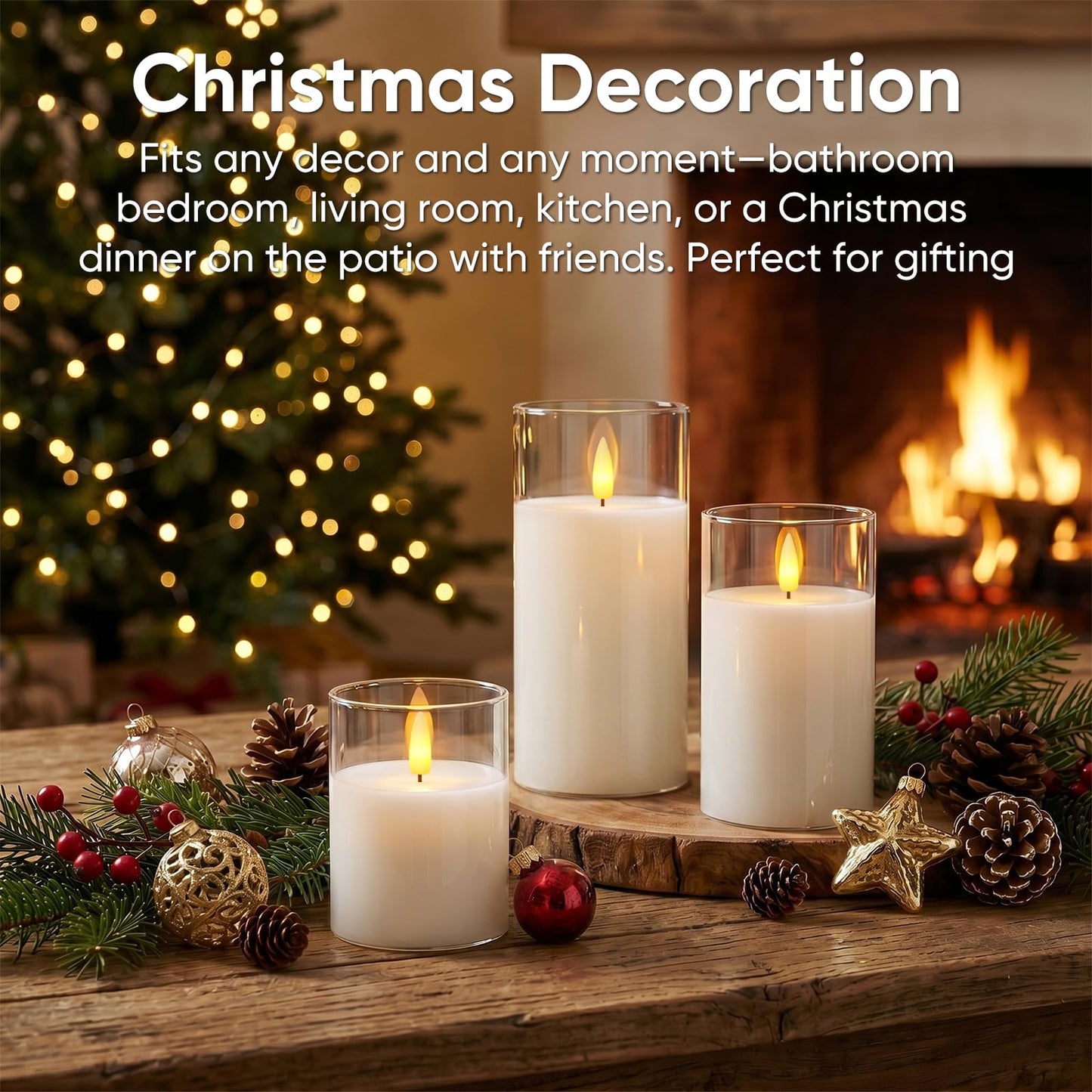 5plots Glass Battery Operated White Flameless Candles with Remote Timer, 3D Wick Real Wax Pillar Led Candles Warm Flickering Light for Indoor Home, Halloween, Christmas Decor, Set of 3, D3 x H4 5" 6"