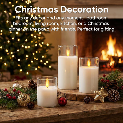 5plots Glass Battery Operated White Flameless Candles with Remote Timer, 3D Wick Real Wax Pillar Led Candles Warm Flickering Light for Indoor Home, Halloween, Christmas Decor, Set of 3, D3 x H4 5" 6"