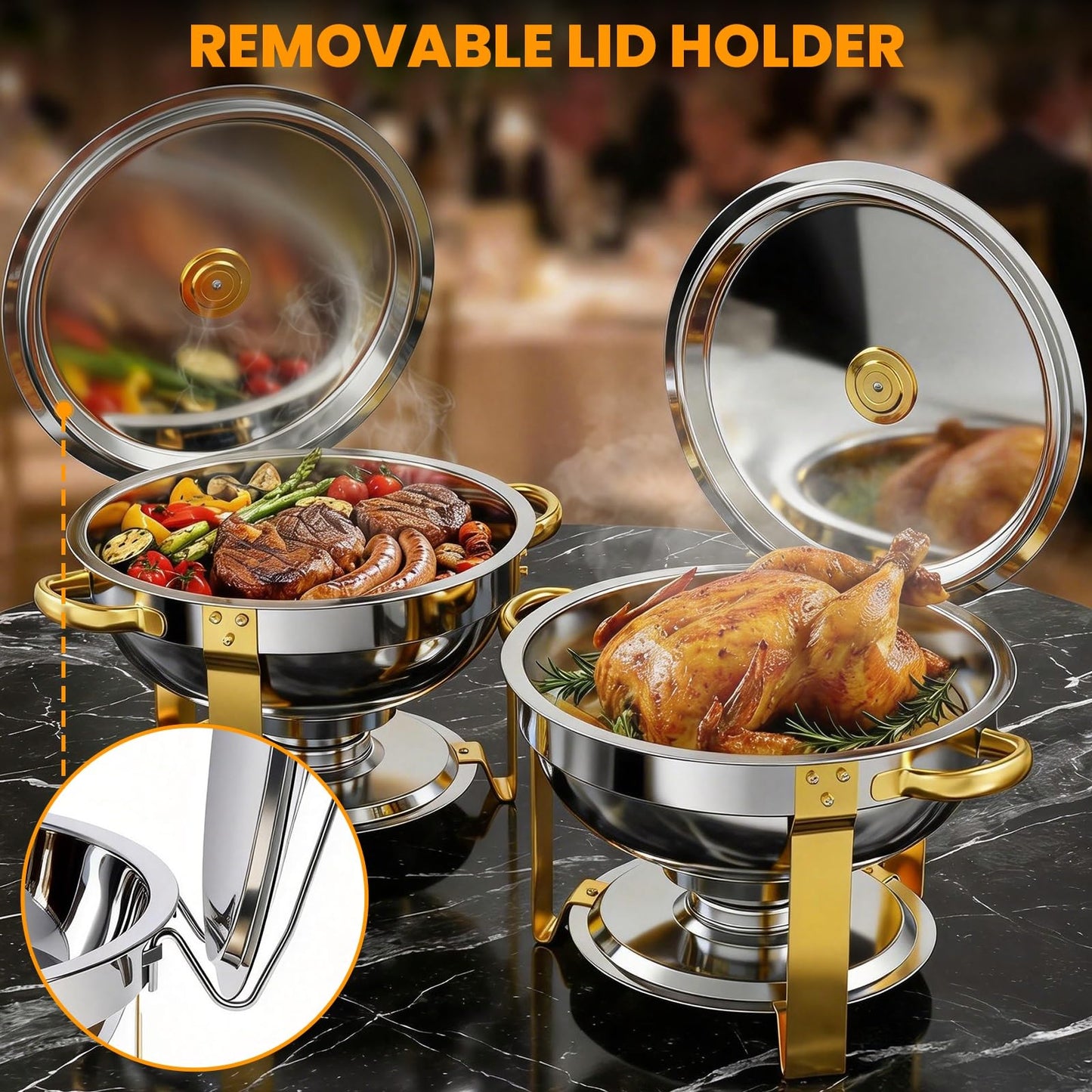 POWERFUEL Chafing Dishes for Buffet, 4 Pack 6QT Round Stainless Steel Chafers Sets with 4 Serving Tongs, Rolled-Edge Food Warmers for Parties, Catering, Weddings, Events Dinners