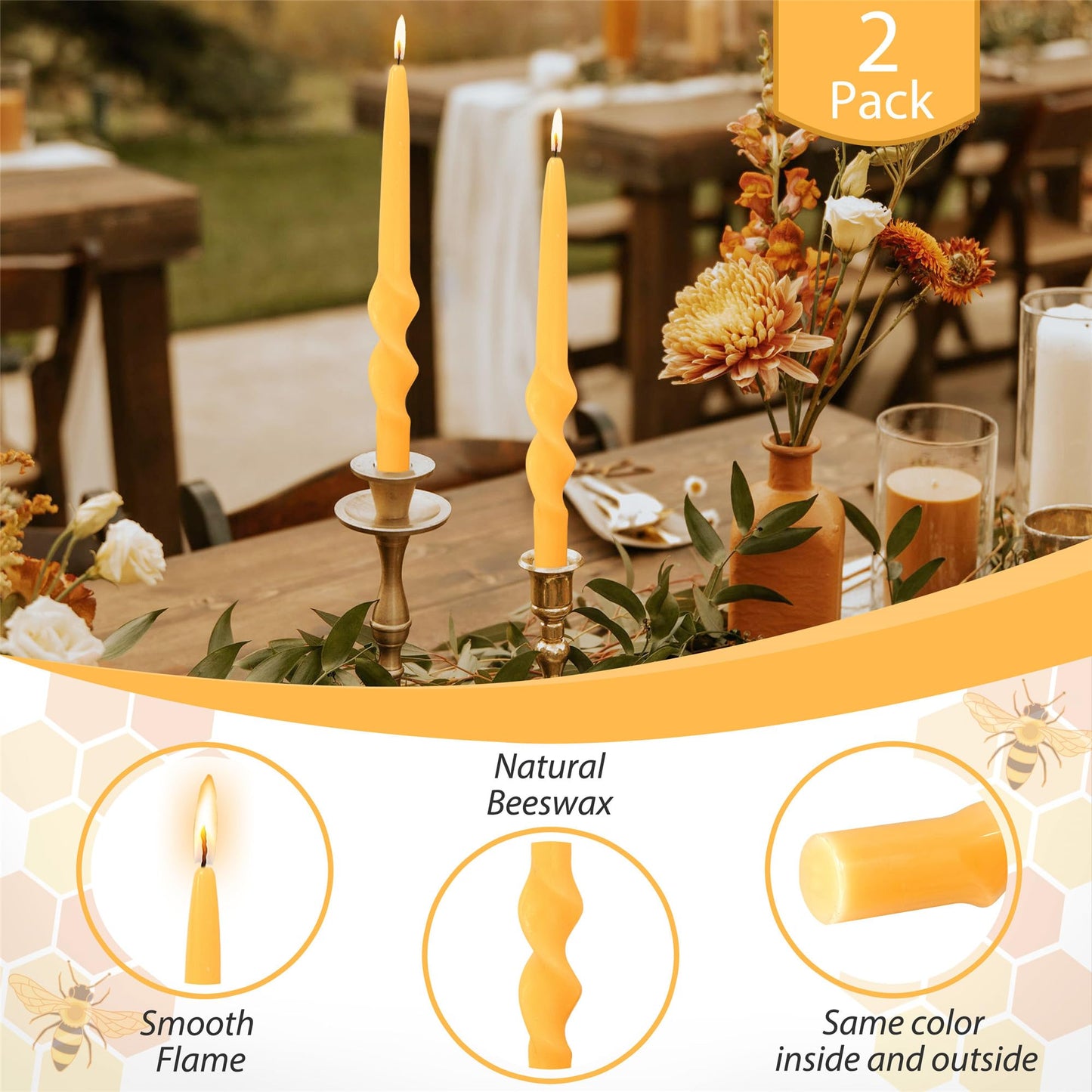 Gedengni Beeswax Taper Candle Dripless Candlesticks,10inch Natural Bees Wax Candles Spiral Tapered Candle for Home Meditation for Home Meditation Prayer Dinner Decor,2pcs 23D-BEE