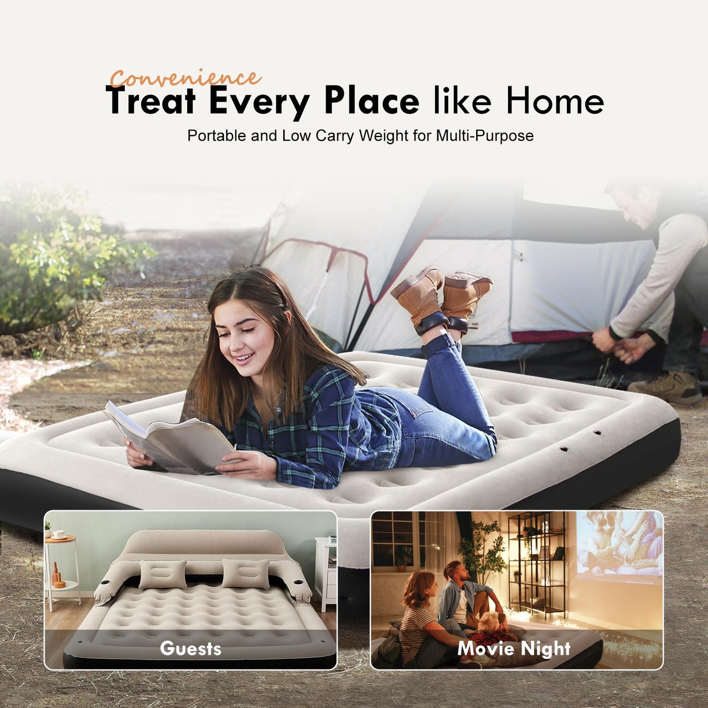 DIMAR GARDEN King Size Air Mattress with Headboard and Pillows, Inflatable Bed Blow Up Bed