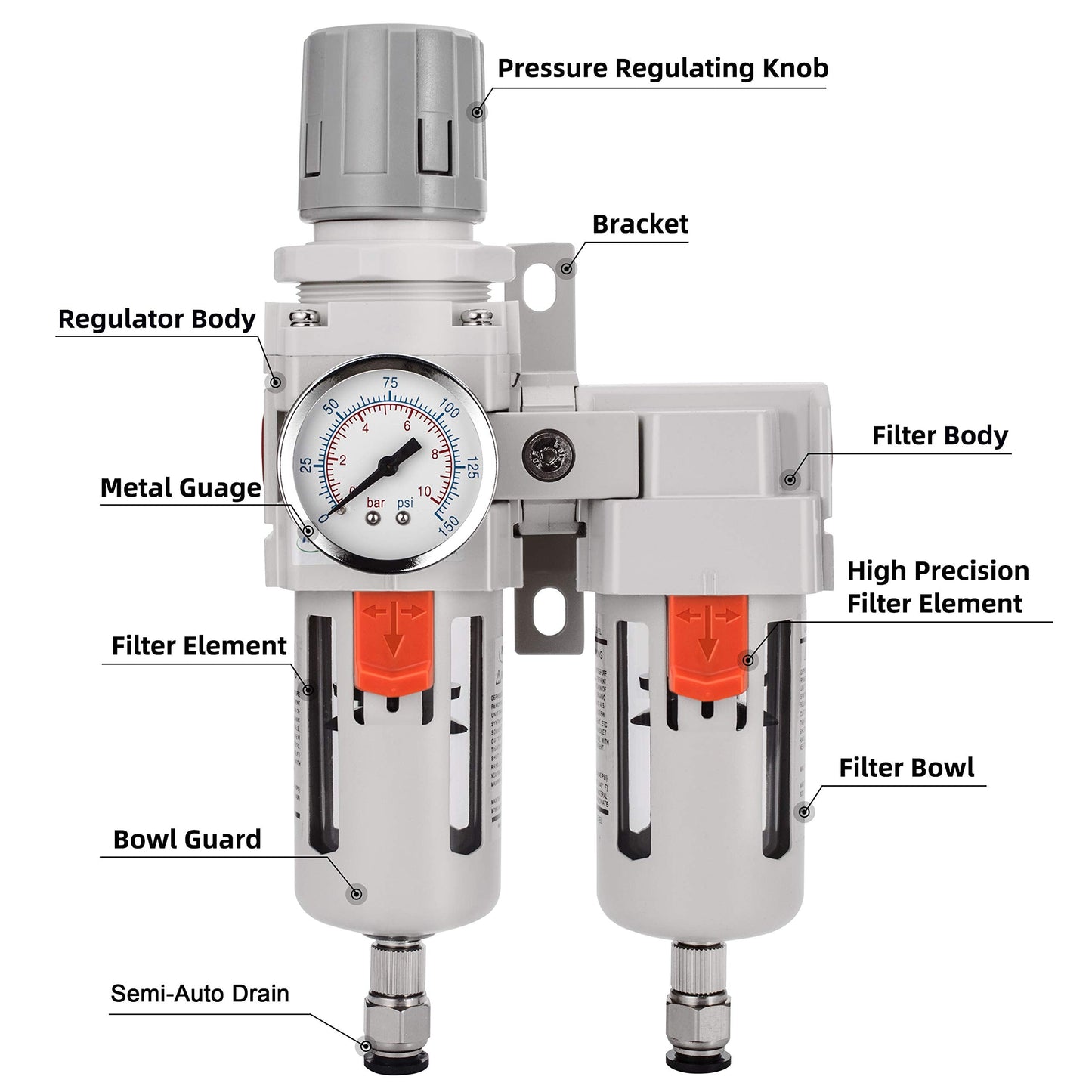 NANPU 3/8" NPT Air Dryer System - 5 Micron Particulate Filter, 0.5 Micron Coalescing Filter & Air Pressure Regulator, Water Trap Separator - Semi-Auto Drain,0-150 psi Gauge, Poly Bowl, Metal Bracket