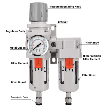 NANPU 3/8" NPT Air Dryer System - 5 Micron Particulate Filter, 0.5 Micron Coalescing Filter & Air Pressure Regulator, Water Trap Separator - Semi-Auto Drain,0-150 psi Gauge, Poly Bowl, Metal Bracket