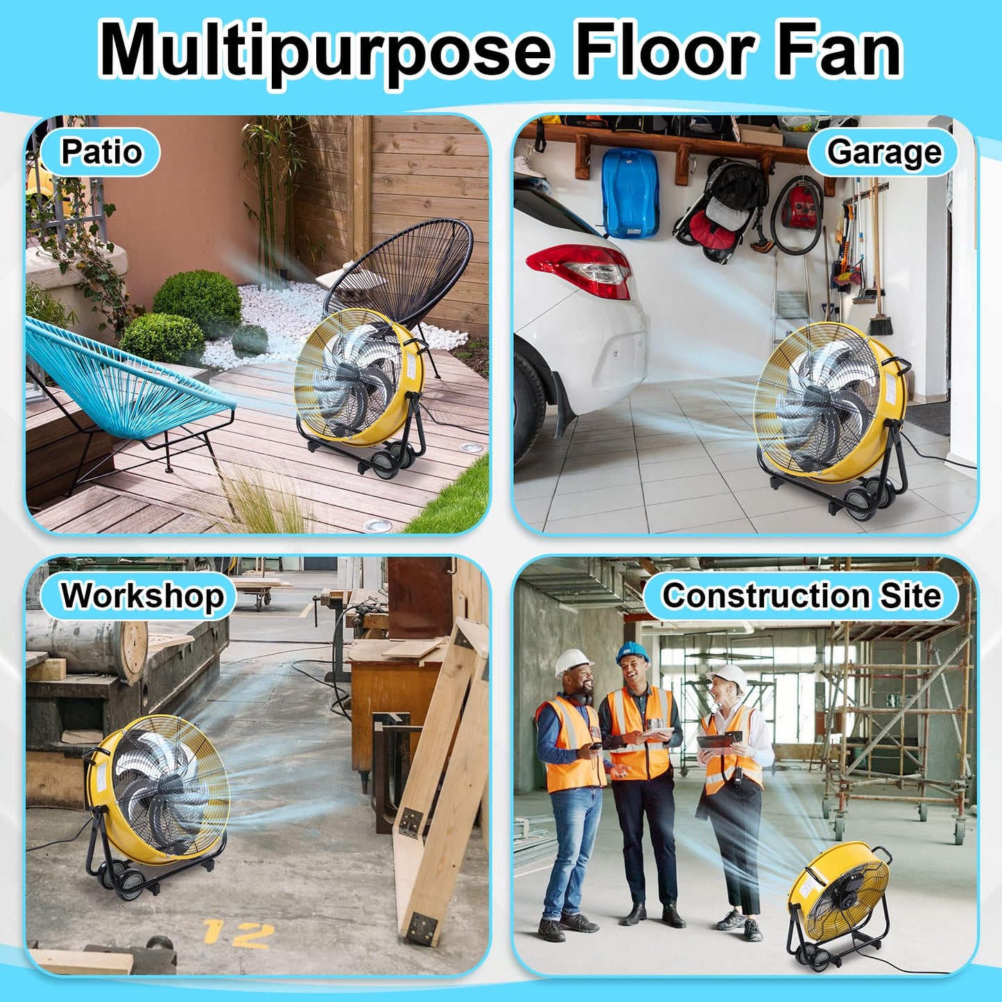 ZeahVeyora 20" High Velocity Industrial Drum Fan 7 Metal Blades Heavy Duty Metal Industrial Floor Fan 3 Speed with Handle and Roller, 360° Rotation for Warehouse Basement Factory Barn Garage(Yellow)