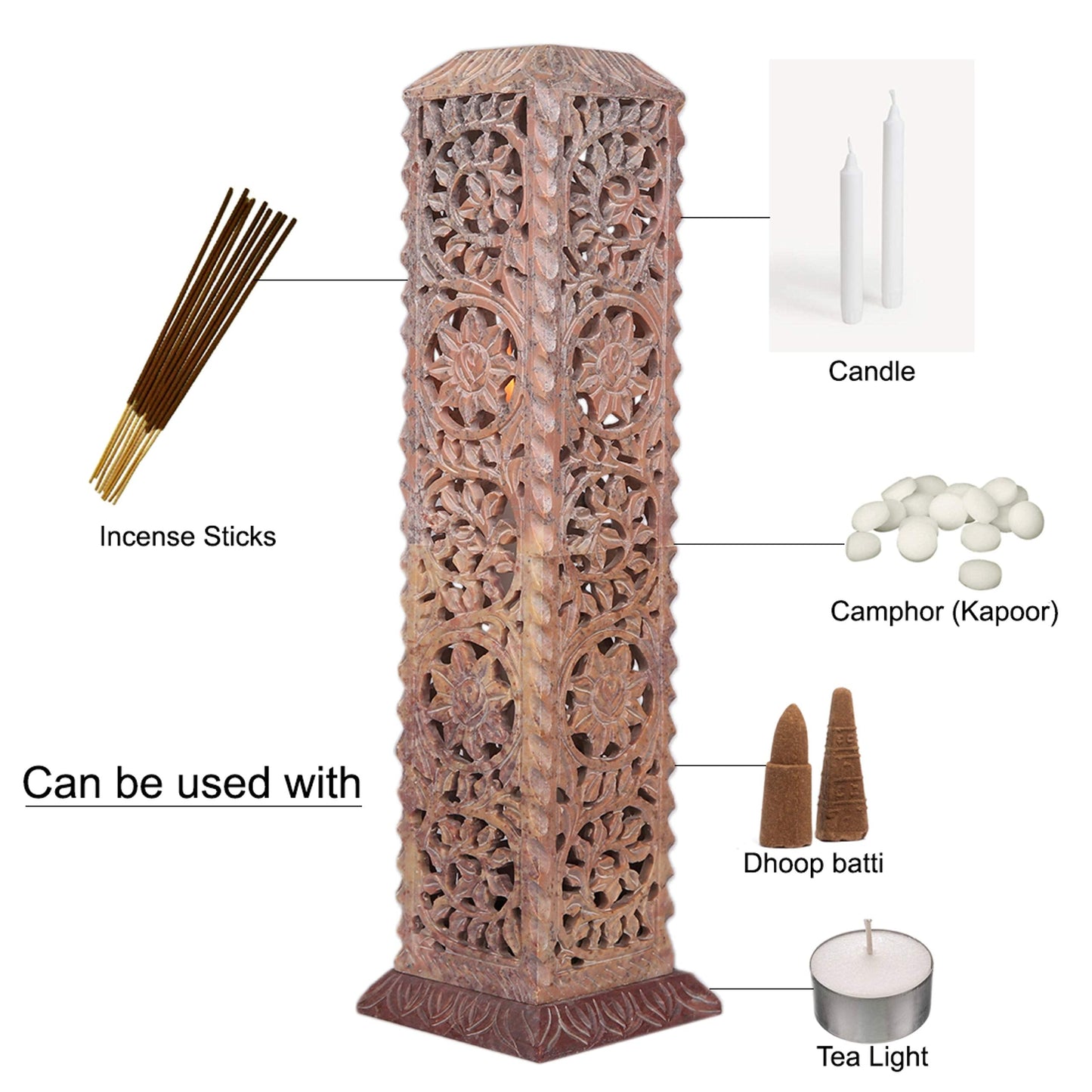 Carry Me Handmade Marble Soapstone Incense Stick Burner | Candle Stick Holder | Tea Light Stand - Floral Carving for Gifting. Decorative Incense Tower for Home and Office Decor. (3x3x11 Inches)
