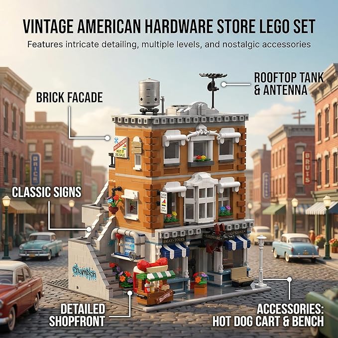 Vintage American Hardware Store Building Blocks 3-Story Modular Street View with Hot Dog Cart &amp 7 Figures 3642 Pieces Adult Building Kit Collectible City Architecture Model
