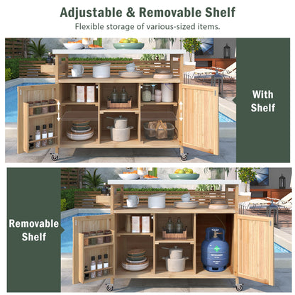 Sailret Outdoor Kitchen Island with Stainless Steel Top, Rolling Bar Cart & Storage Cabinet, 100% Solid Fir Wood BBQ Prep Station Grill Table with Spice Rack & Towel Holder (Natural, 50-Inch)