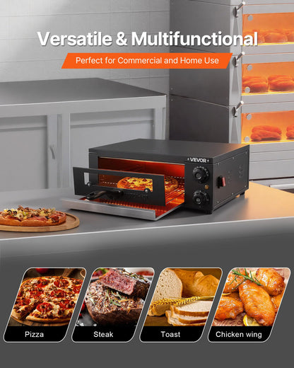 VEVOR Electric Pizza Oven, 12 in Countertop Pizza Oven, 77 to 572°F Temp Range, 1450W Indoor Pizzas Maker w/Timing & Temp Control, Pizzas Cooker w/Dual Heat Tube, Grill Rack, for Kitchen & Commercial