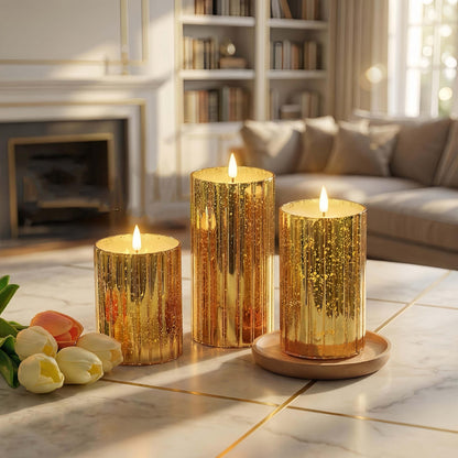 volnyus Gold Glass Flameless Candles Set - 3 Pack(Φ 3" H 4" 5" 6") with Remote,Battery Operated Flickering LED Pillar Candles,Starscape LED Night Lights for Christmas,Home Decor