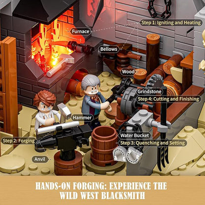 Wild West Blacksmith Lighting Building-Bricks Set - Western Forge House 2042 Pcs Collection Display Set for West Lovers