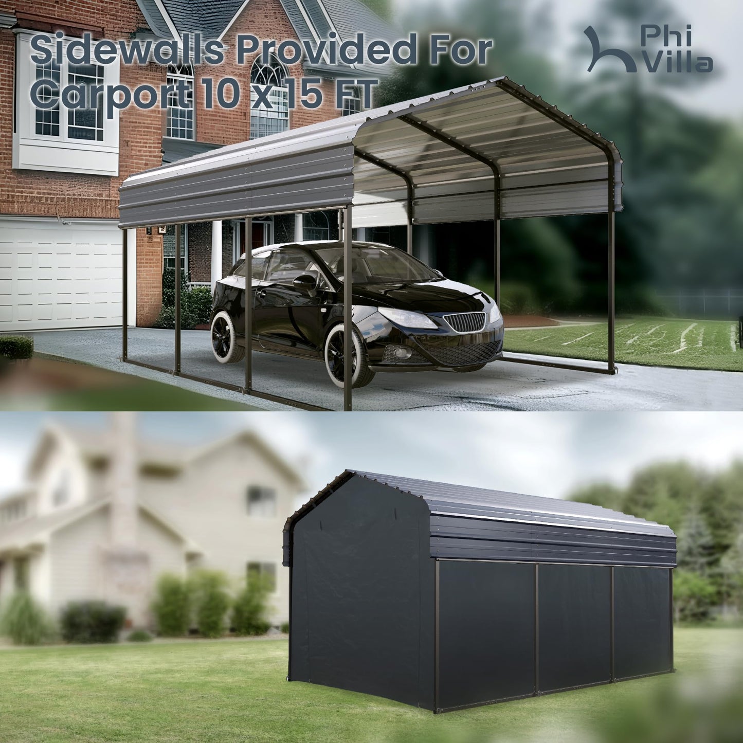 PHI VILLA 10x15 ft Carport, Metal Carports Canopy with Sidewalls Heavy Duty Car Port Portable Garage with Galvanized Steel Roof Multi-Use Shelter, Sturdy Car Ports for Cars, Boats and Tractors
