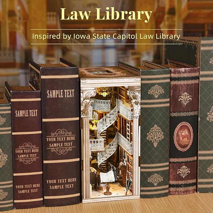 DIY Book Nook Kit for Adults 3D Wooden Puzzle Bookend Bookshelf Insert Decor with LED Light and Dust Cover (Law Library)