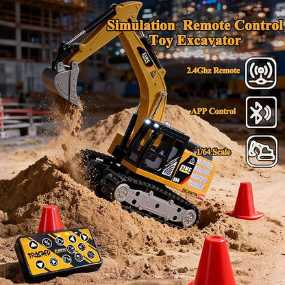 RC Excavator 1/64 Scale Metal RC Truck 2.4GHz Construction Vehicle with Sounds &amp Light Dual Speed APP Control Hobby Toy for Adults and Kids