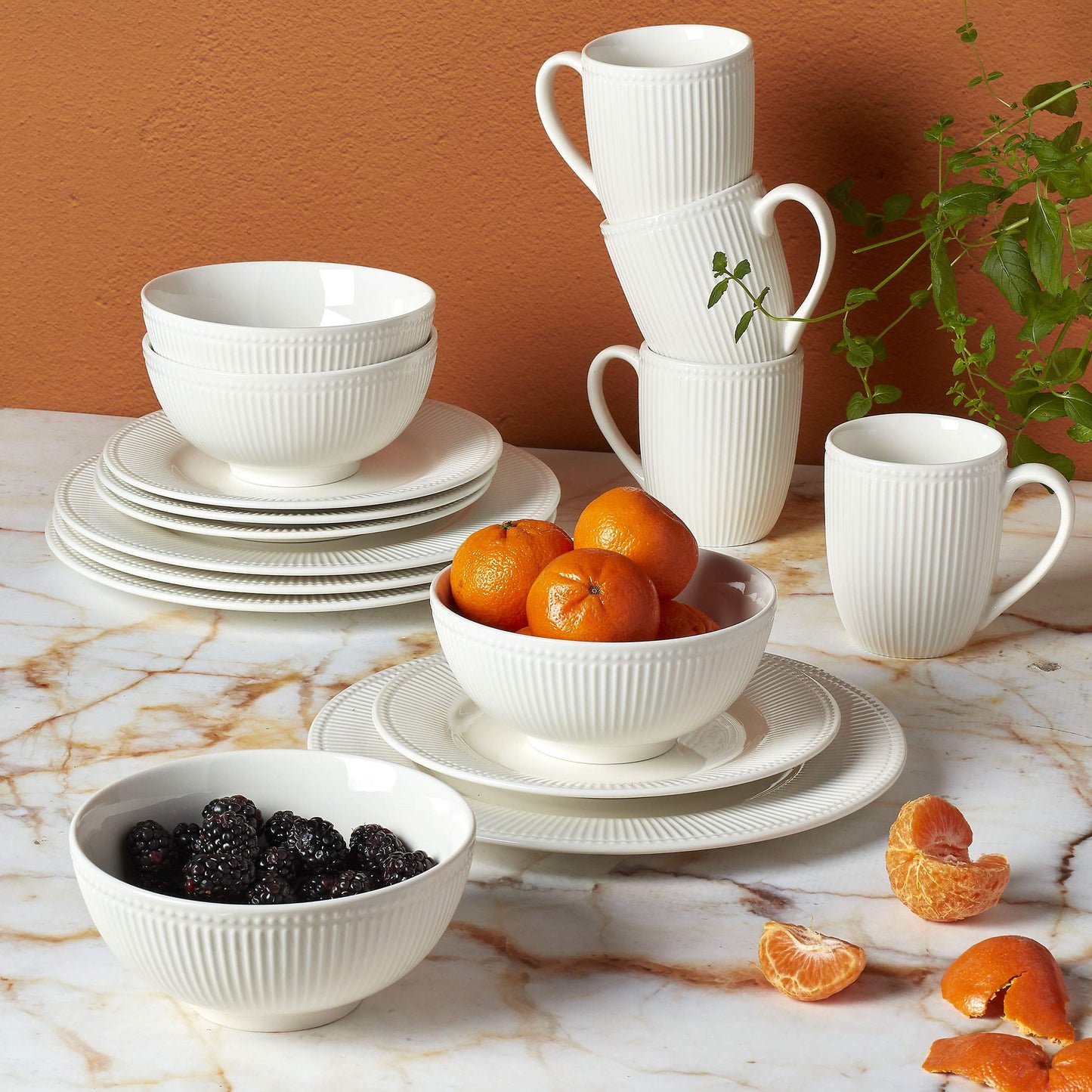 Tabletops Gallery Embossed Bone White Porcelain Round Dinnerware Collection- Chip Resistant Scratch Resistant, Fleur 12 Piece Dinnerware Set (Dinner Plate, Salad Plate, Cereal Bowl)