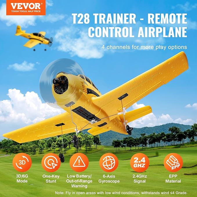 VEVOR RC Plane 2.4GHZ 4 Channel RC Airplane with 6-Axis Gyro Stabilizer&amp2 Batteries Ready to Fly T28 Trainer Aircraft Plane Toy RC Glider for Adults Kids Beginners Boys Birthday/Xmas Child Gift