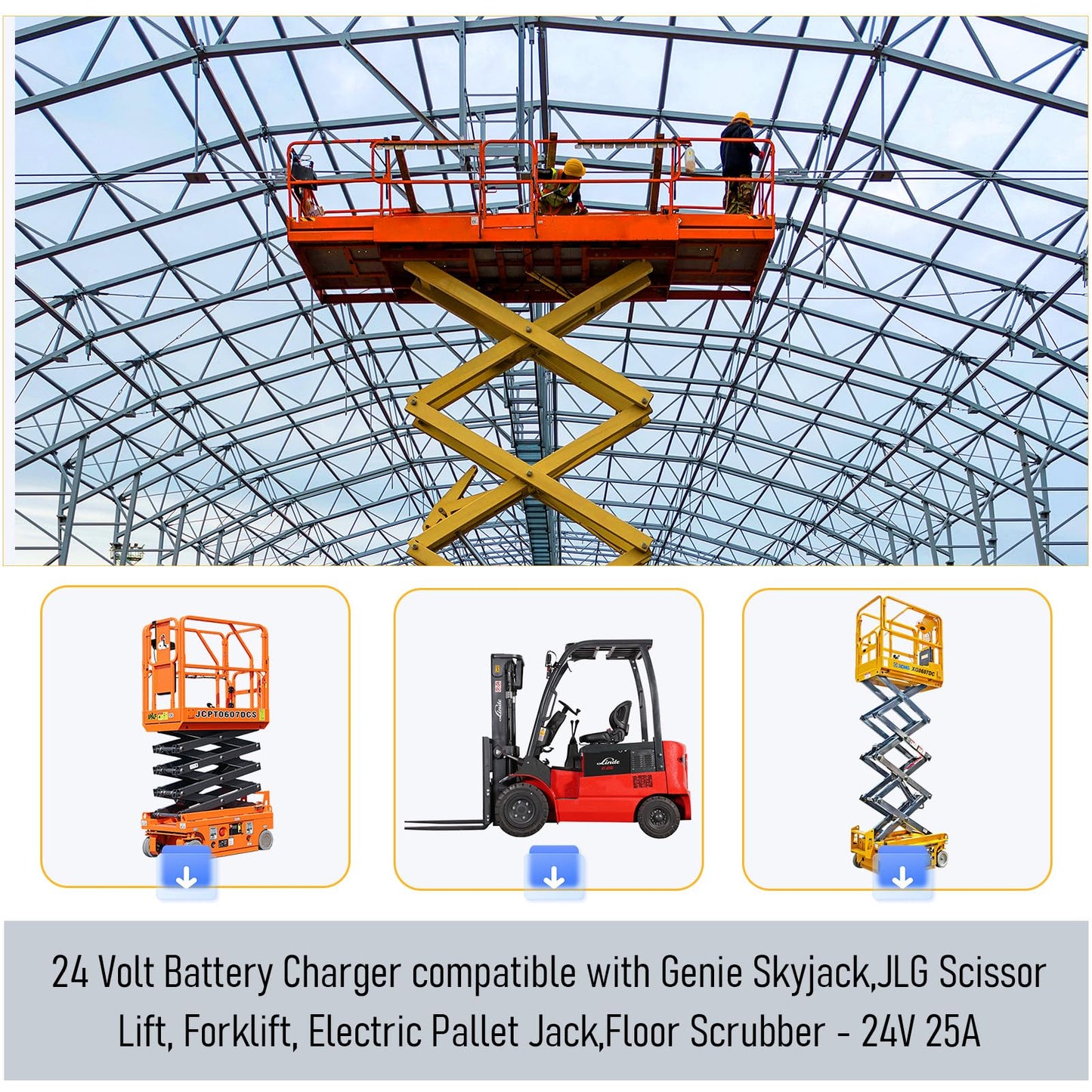 24V 25A Scissor Lift Battery Charger, 24 Volt Golf Cart Battery Charger, 24 Volt Battery Charger for Genie Skyjack, JLG Scissor Lift, Forklift, Electric Pallet Jack, Floor Scrubber