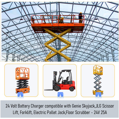 24V 25A Scissor Lift Battery Charger, 24 Volt Golf Cart Battery Charger, 24 Volt Battery Charger for Genie Skyjack, JLG Scissor Lift, Forklift, Electric Pallet Jack, Floor Scrubber