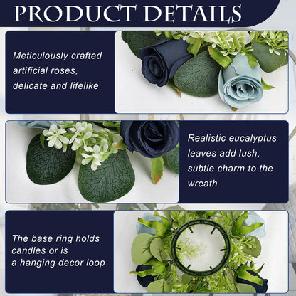 Tobilu 6 Sets Rose Rings Wreaths with LED Candles - Artificial Roses Eucalyptus Wreath Wedding Centerpiece for Wedding Bridal Shower Banquet Table Decor - Navy Blue