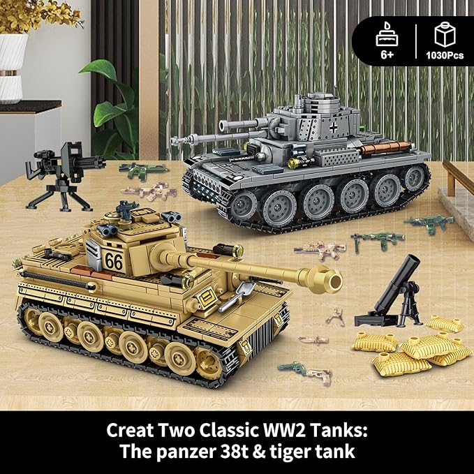 1030 Piece WW2 Army Tanks Toy Building SetsCreate a German Panzer 38T and a German Tiger Tank ToysAdult Collectible Model Tanks Sets to BuildChristmas Birthday Gifts for BoysTeensAdults