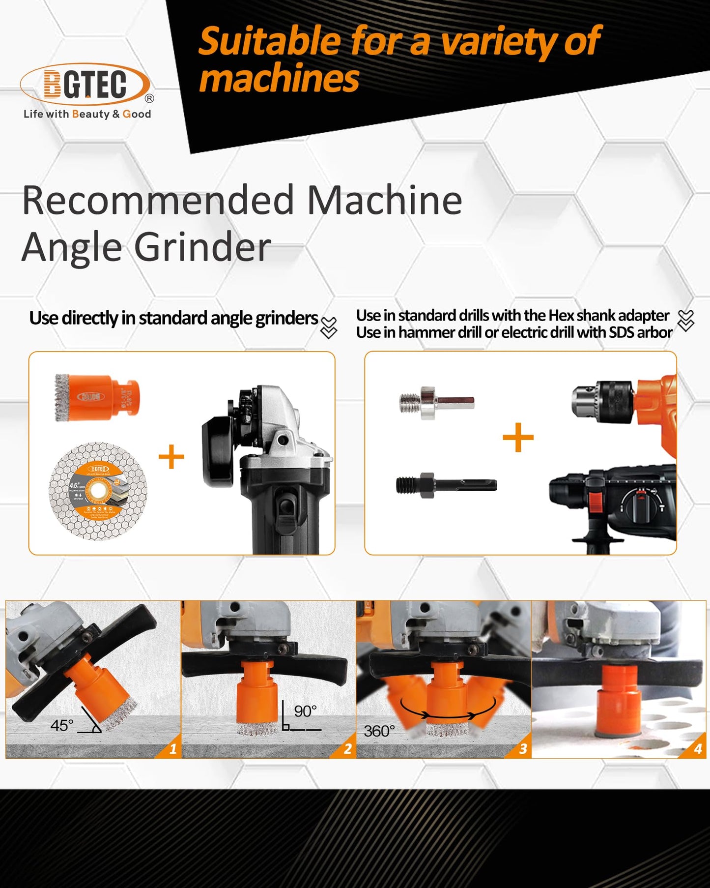 BGTEC Diamond Hole Saw Kit - 11PCS 6/6/20/25/35/50/75/100mm Drill Bits & 50mm Chamfering Bit & SDS/HEX & 115mm Tile Blade for Porcelain Tile Ceramic Granite Marble Stoneware