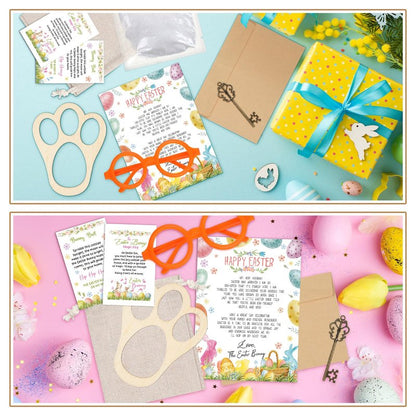 VioraWhite 11 Pcs Easter Bunny Evidence Set Bunny Footprints Template Greeting Cards Stickers Cardboard Key Glasses Prop for DIY Easter Scene Dress up Gifts